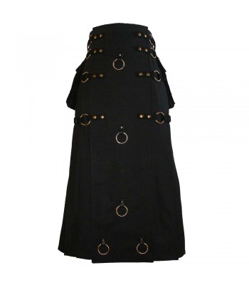 Long Black Gothic Cotton Utility Kilt Steampunk Design Leather Straps & Chains 